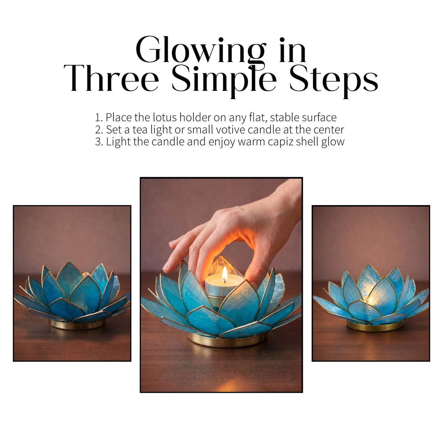 OM Gallery Gemstone Lotus Tealight Holder - Handcrafted Capiz Shell Design for Soft Glow, Elegant Home & Table Decor, Wedding Centerpieces, Votive Candle Styling, and Thoughtful Gifting - Turquoise