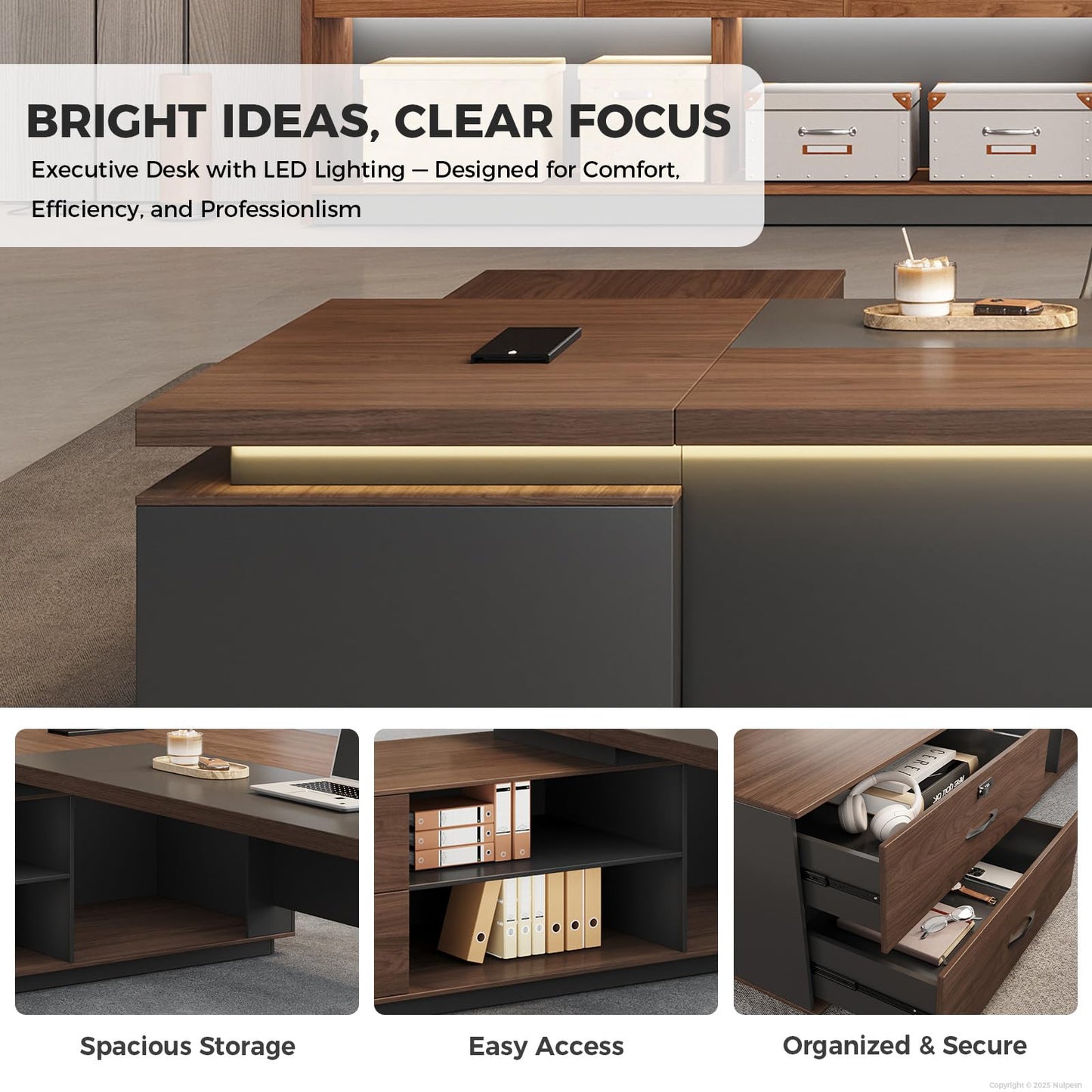 Nuipesn 63-Inch Reversible L-Shaped Executive Desk with Power Outlet & LED Lighting, Large Modern Office Desk with Drawers & Storage Shelves for Home & Office, Red Walnut & Iron Gray
