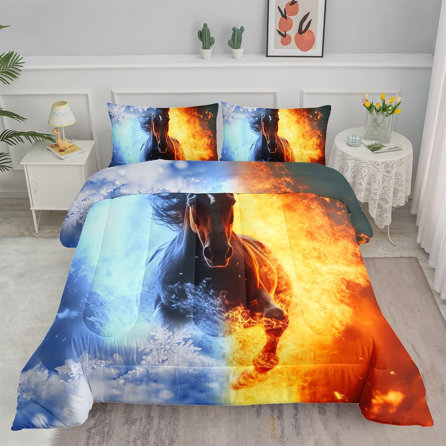 Smell Sunshine 3D Horse Comforter Set Fire Ice Printed Bedding Set with 1 Comforter and 2 Pillowcases for Boys and Girls Bedroom All Season(Horse Twin)