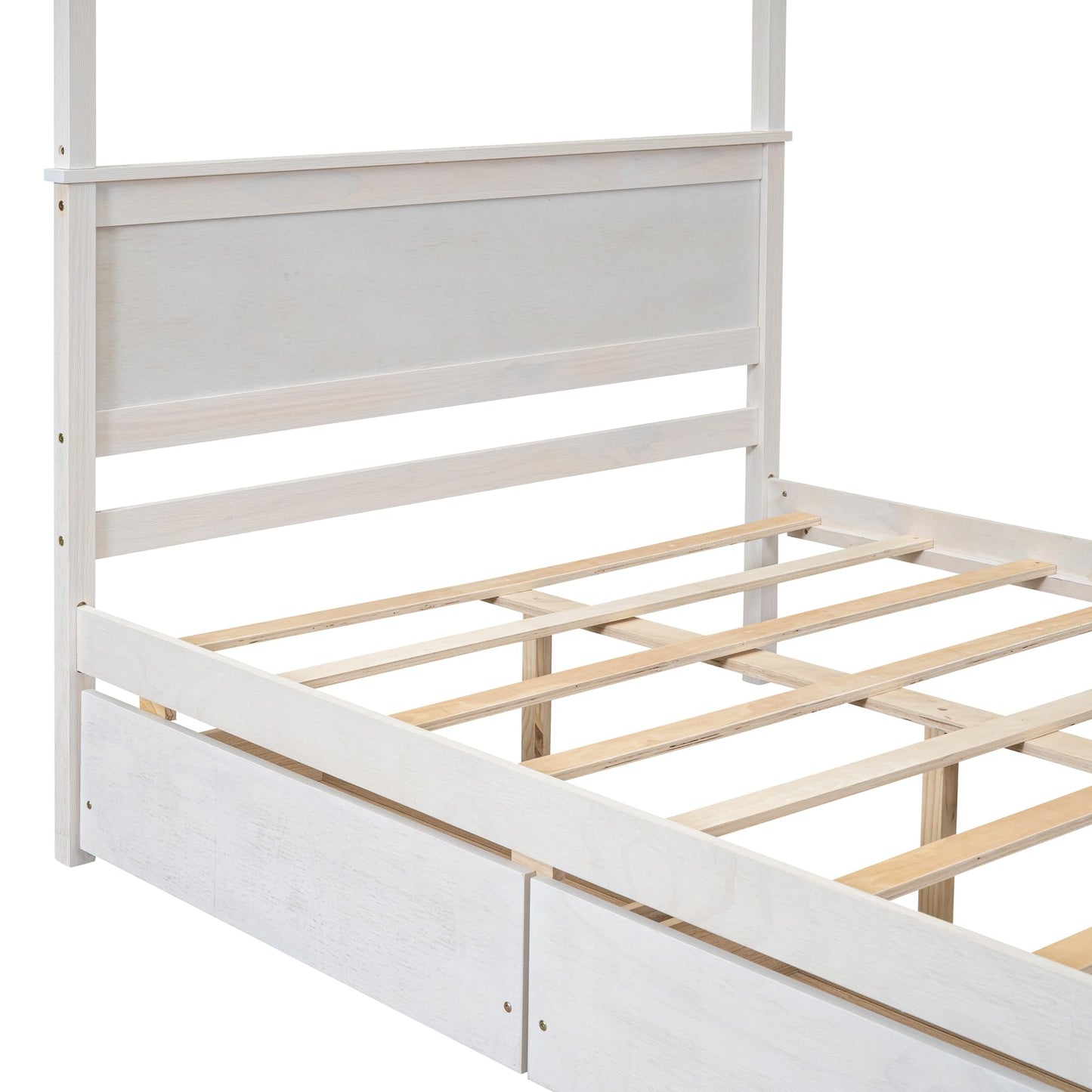 GDFStudio Full Size Canopy Bed Frame with 2 Storage Drawers, Solid Pine Wood Platform Bed Frame Full Size with Headboard Slat Support, Canopy Full Size Bed Frame, No Box Spring Needed, Brushed White