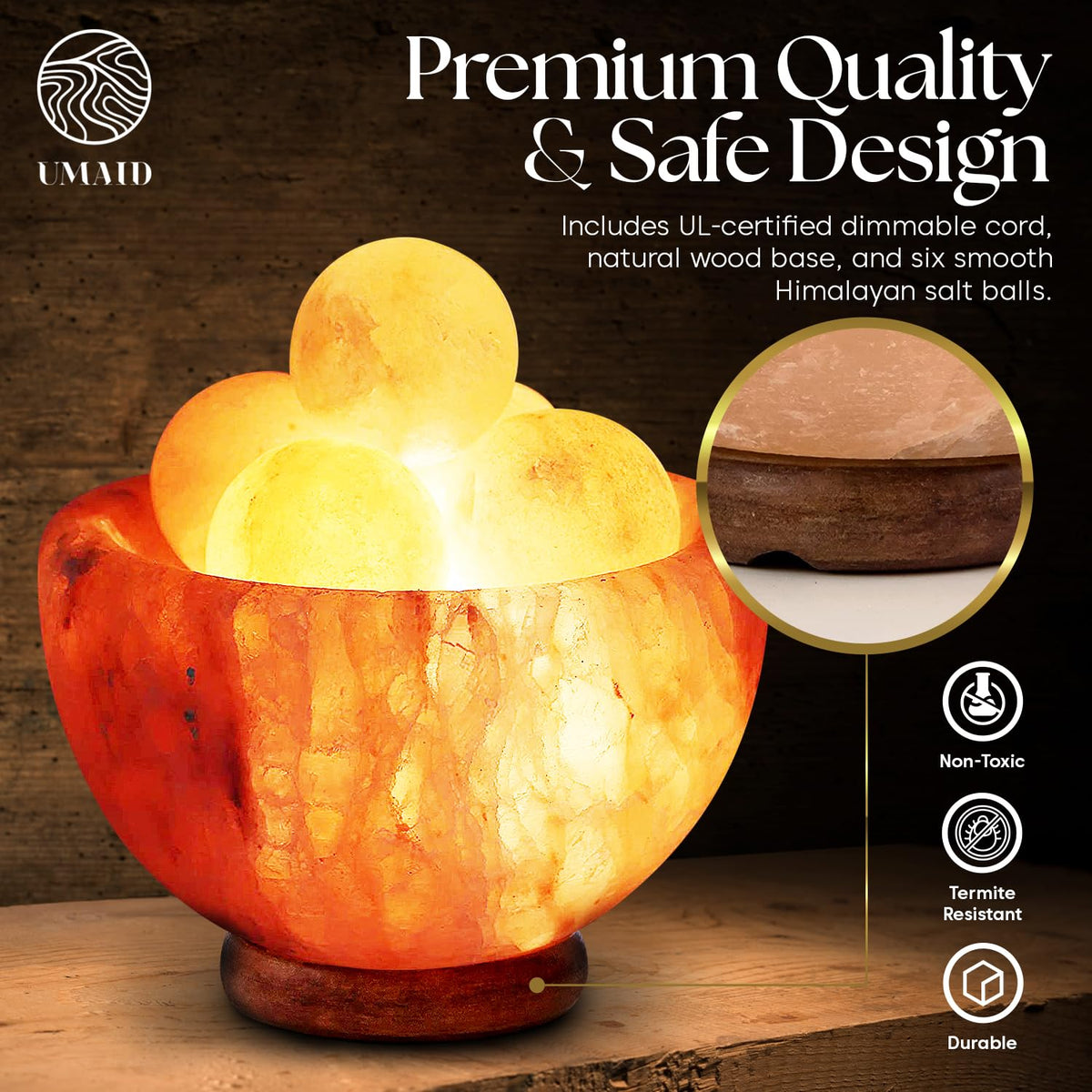 UMAID Himalayan Salt Lamp Bowl with 6 Massage Balls, Mothers Day Gifts for Mom, Dimmable Pink Rock Salt Lamp Light, Unique Home Decor for Bedroom, Spa Relaxation & Meditation