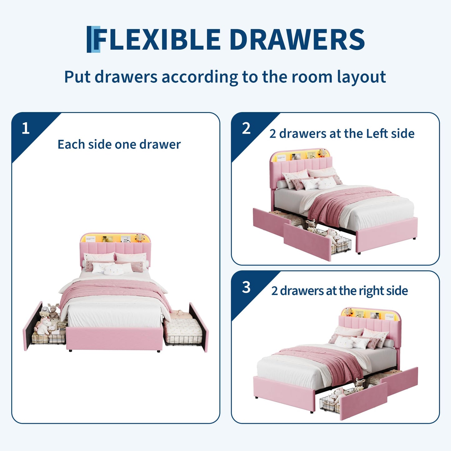 Garvee Twin Size Bed Frame with 2 Flexible Drawers, Velvet Upholstered Platform Bed Frame with Bookcase Headboard and LED Lights, Kids Bed for Girls, Easy Assembly, Noise Free, Pink