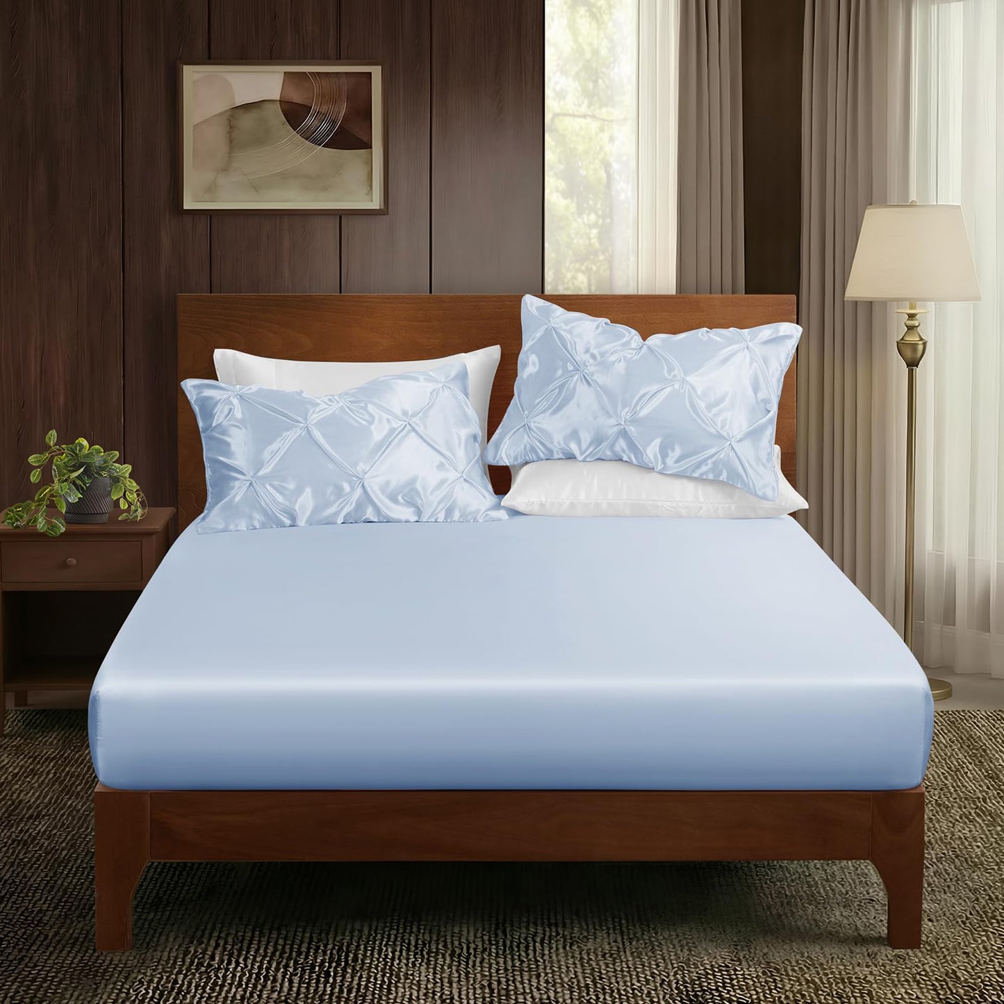 P Pothuiny 3-Piece Set Pintuck Satin Pillowcases & Twin Fitted Sheet, Baby Blue Satin Sheet Silky Soft Luxury Romantic Pinch Pleated Bedding Bedroom Dorm Decor, 15 Inch Deep Pocket
