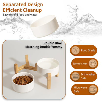 Elevated Ceramic Dog Bowl Set - Raised Dog Bowls with Non-Slip Bamboo Stand - Dog Food and Water Bowl Set - Double Dog Feeding Bowls - Suitable for Small and Medium Dogs - 28.74 OZ - 3.6 CUPS - 850 ML