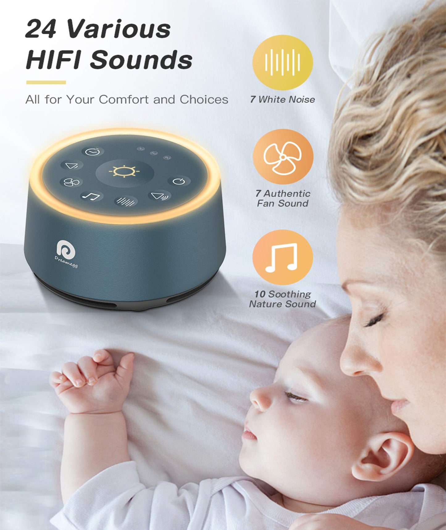 Dreamegg White Noise Machine, D1 Blue Sleep Sound Machine with Night Light for Baby Kid Adult, 24 Natural Sounds Therapy, Continuous or Timer, Sound Machine for Sleeping Nursery Travel Gift