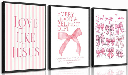 3Pcs Pink Bow Canvas Wall Art, Coquette Preppy Painting Pictures Wall Decor, Christian Inspirational Bible Posters Print Artwork for Girls Dorm Room, Apartment, Home Decoration 16x24 Unframed