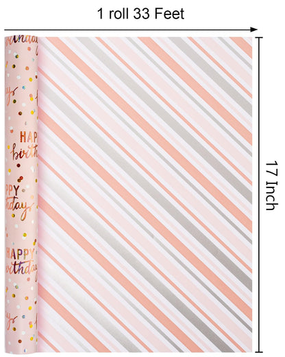 MAYPLUSS Birthday Wrapping Paper Roll, Pink Metallic Holographic Happy Birthday Wrapping Paper Featuring Revesible Stripe Gift Wrap Paper for Girls Boys Kids Men, 17 Inches x 33 Feet