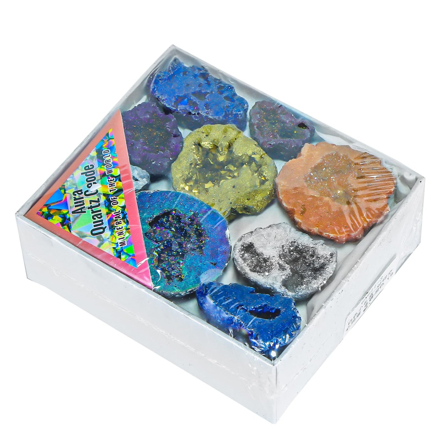 Titanium Coated Quartz Crystal Cluster Geode Druzy Stones Gemstones and Crystals Aura Collection Spiritual Reiki Gifts for Women Adults Meditation Paperweight Home Decor,9pcs in Box