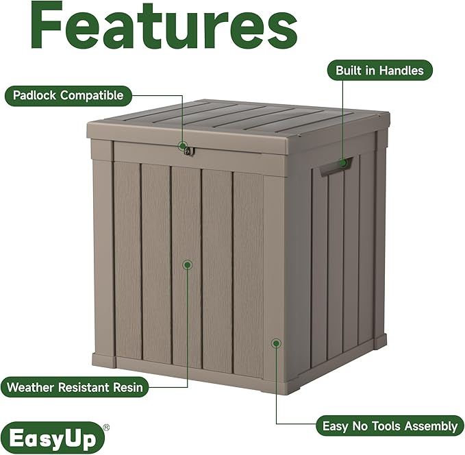 EasyUp 50 Gallon Outdoor Storage Box, Resin Waterproof UV-Resistant Deck Box, Reinforced Stability for Patio, Garden, and Poolside, Striped Gray