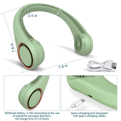 CIVPOWER Neck Fan: Portable Personal Neck Cooling Rechargeable Bladeless Fan - Hands Free 3 Speed 4000 mAh Battery USB Operated Wearable Headphone Design - Gift for Men Women Outdoor (Light Green)