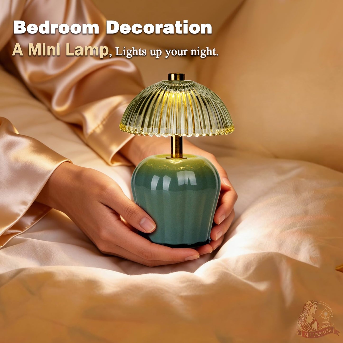 MJ PREMIER Rechargeable Table Lamp, Cordless Lamp with Timer, Mini Glass Mushroom Lampshade, Small Table Lamps, Decorative Led Light for Bedroom Living Room Shelf (Green)
