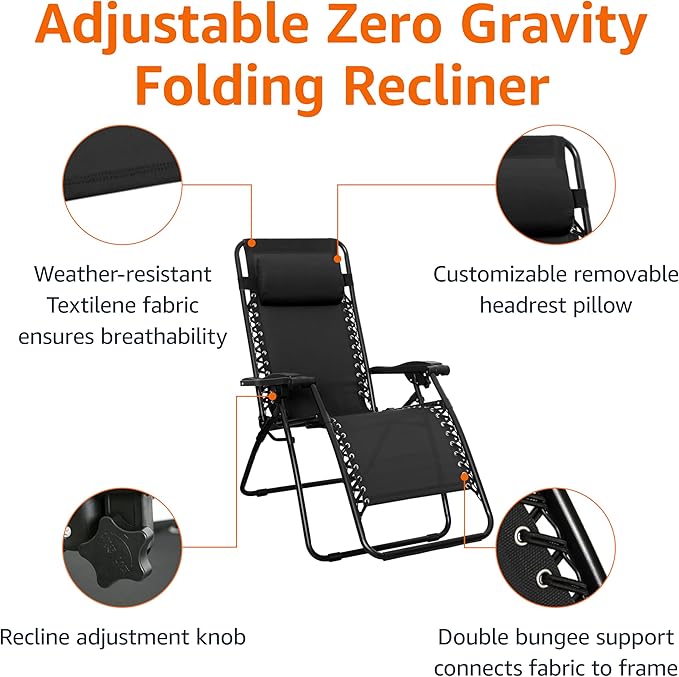Amazon Basics Outdoor Patio Zero Gravity Portable Folding Reclining Lounge Chair with Padded Headrest Pillow, Weather Resistant Textilene, 26", Black