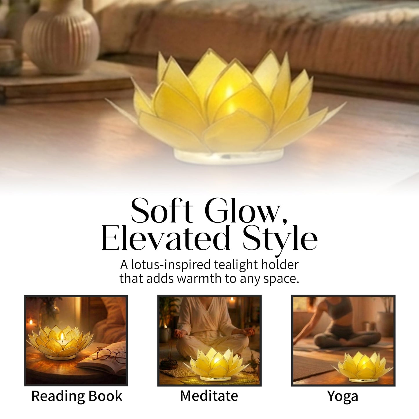 Om Gallery Gemstone Lotus Tealight Holder - Handcrafted Capiz Shell Design for Soft Glow, Elegant Home & Table Decor, Wedding Centerpieces, Votive Candle Styling, and Thoughtful Gifting - Citrine