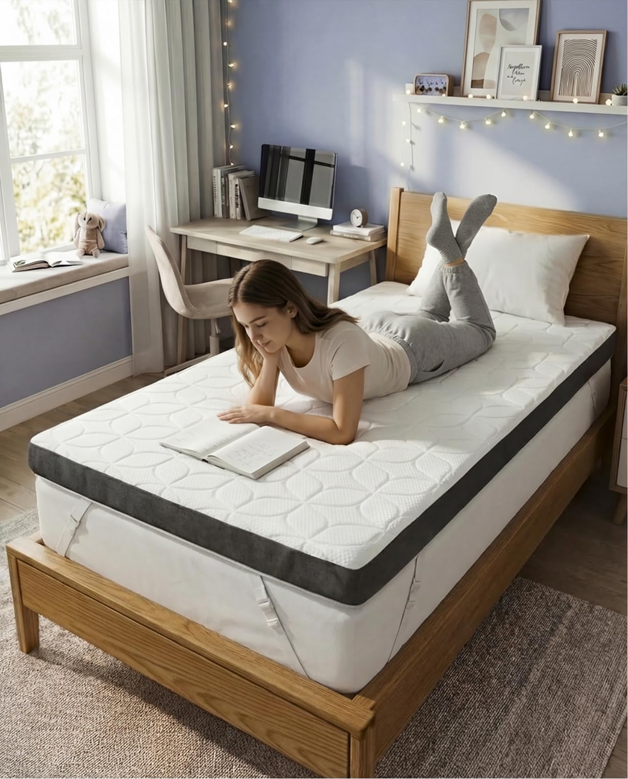 Mattress Topper - 3 Inch Memory Foam Mattress Topper with Cooling Cover for Hot Sleepers - Plush, Thick & Comfy - Pain & Pressure Relief - Twin Size Mattress Pad with Straps & Removable Washable Cover