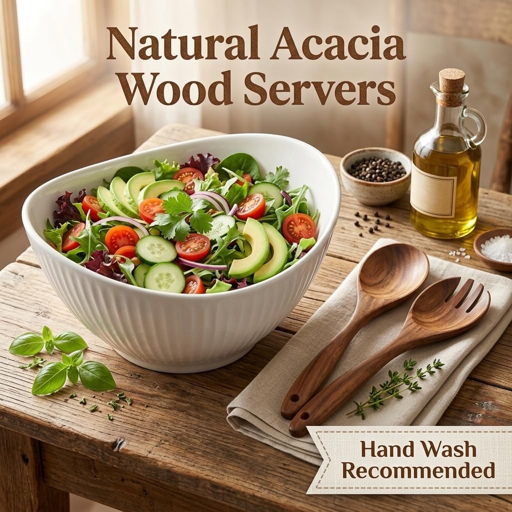 Hoilse 60oz Large Ceramic Salad Bowl with Acacia Wood Utensils, 10" Oval White Serving Bowl for Soup, Pasta, Fruit, Snacks – Mixing Bowls for Entertaining, Party, Kitchen, Dinner – Housewarming Gift