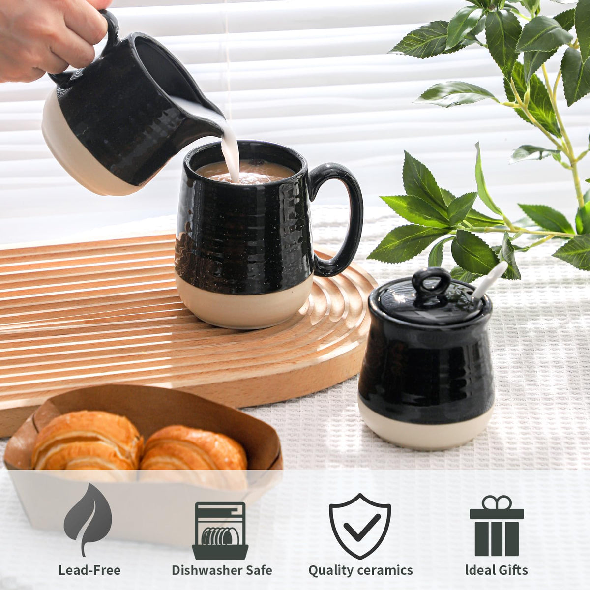 Hasense Porcelain Sugar and Creamer Set, 3 Piece Coffee Serving Set with Cream Pitcher, Sugar Bowl, Lid & Spoon, 10 Oz Farmhouse Decor for Coffee Bar, Black