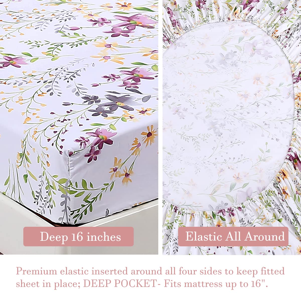 URBONUR Garden Floral Sheets Set 4-Pieces Egyptian Cotton Luxurious Bedding Sheet Set Soft Silky Crisp Percale Sheets Shabby Chic Flowers Bed Linen Set (4Pcs, Queen Size)