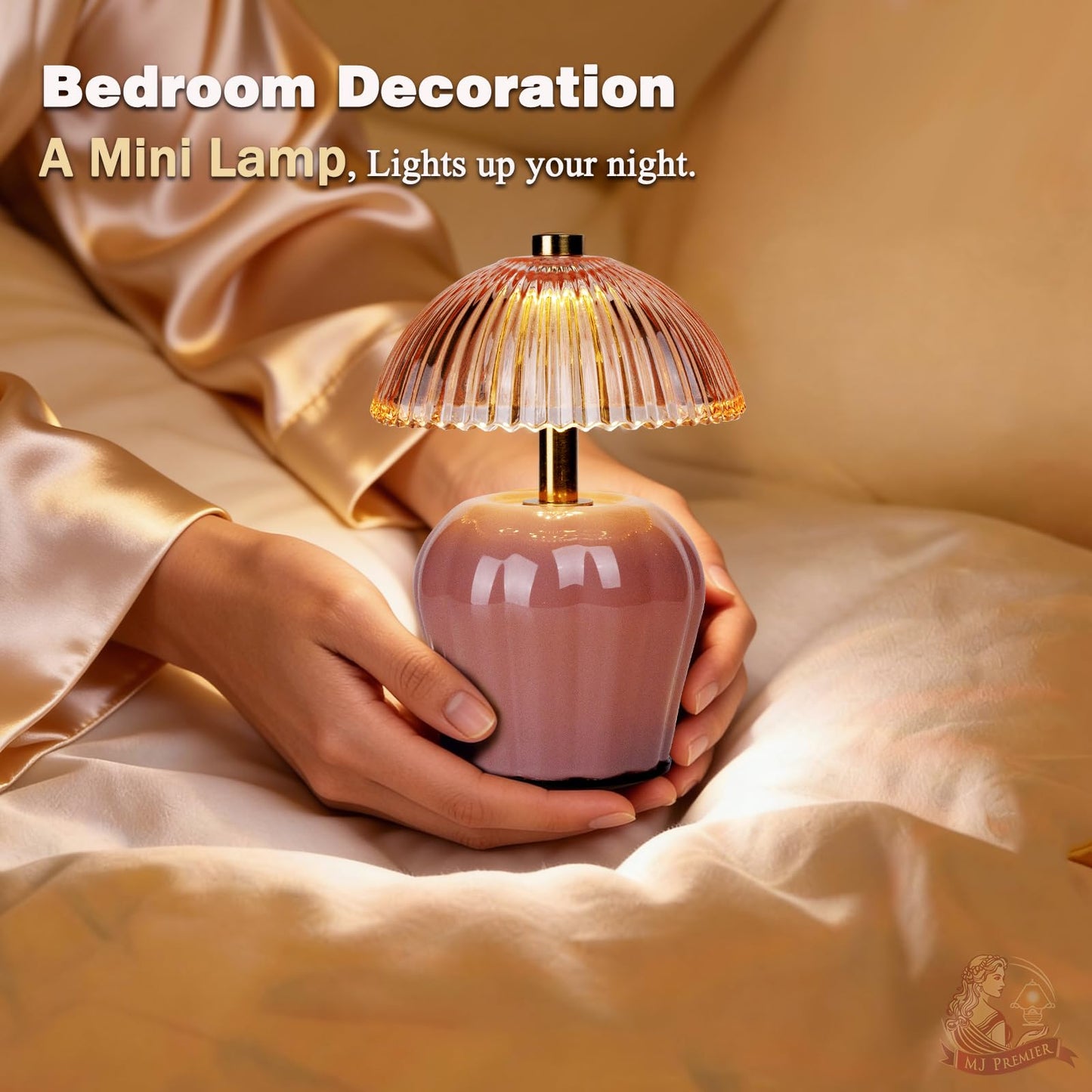 MJ PREMIER Rechargeable Table Lamp, Cordless Lamp with Timer, Mini Glass Mushroom Lampshade, Small Table Lamps, Decorative Led Light for Bedroom Living Room Shelf (Pink)