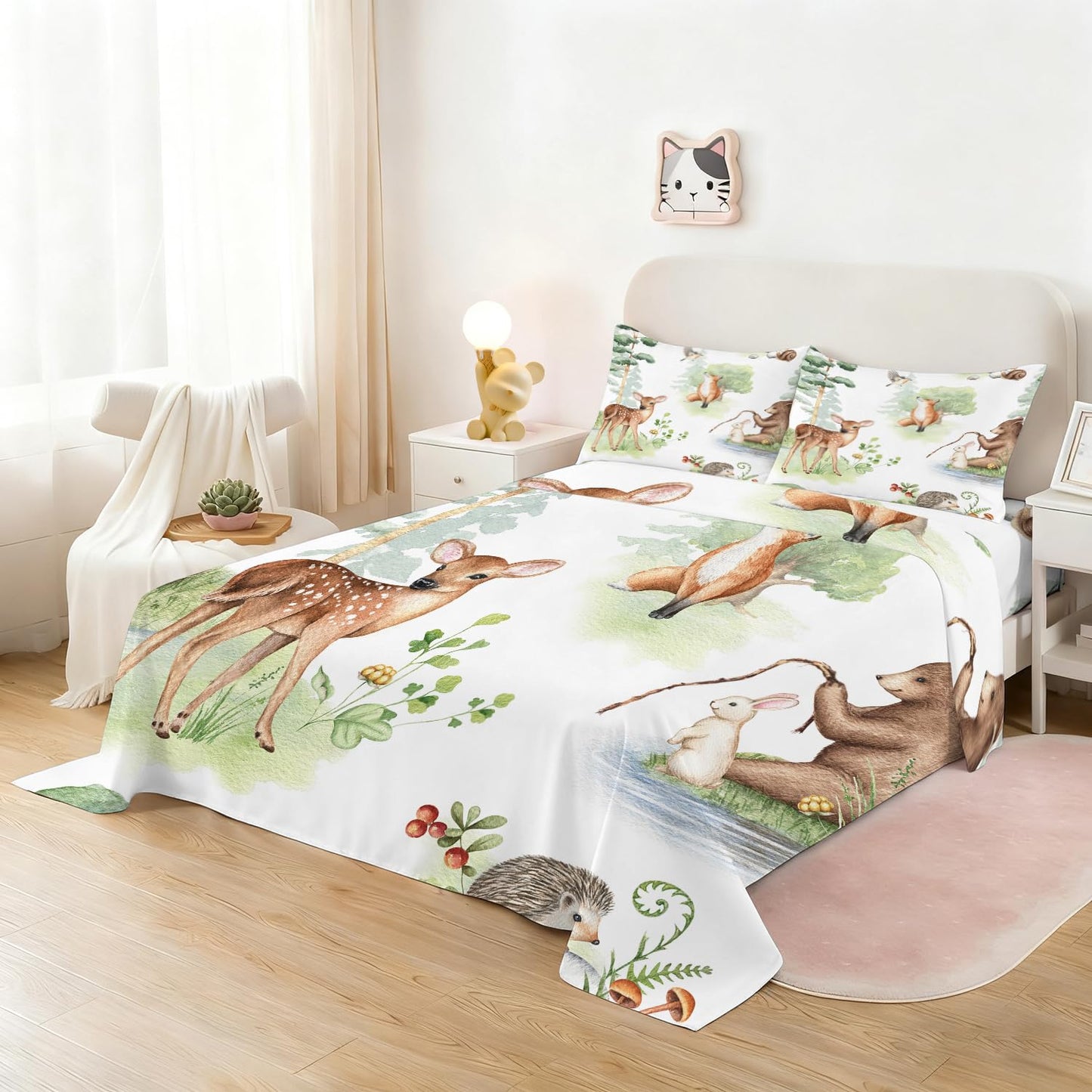 VTKON Wildlife Fitted Sheet Set Twin Size for Kids Light Green Sheet Set for Boys Girls Bedroom Animal Sheet Soft Microfiber 3-Piece Sheet Set 1 Fitted Sheet+1 Flat Sheet+1 Pillowcase Bedding Set