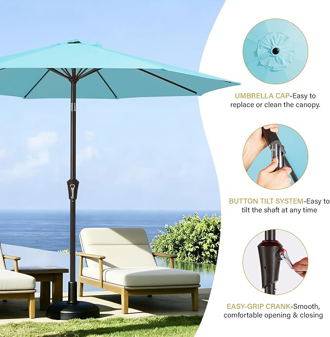 MEWAY 9ft Patio Umbrella Outdoor Table Umbrellas with Push Button Tilt and Crank, Market Umbrella 8 Sturdy Ribs for Deck, Garden, Pool and Backyard, Sky Blue