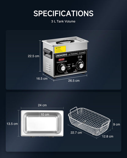 CREWORKS 3L Ultrasonic Cleaner with Heater and Timer, 120W Stainless Steel Ultrasonic Cleaning Machine with Degas & Gentle Modes, Ultrasound Washing Machine for Jewelry Glasses