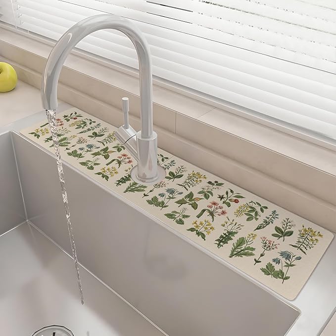 24" X 5.5" Kitchen Sink Splash Guard Faucet Mat Floral Super Absorbent Fast