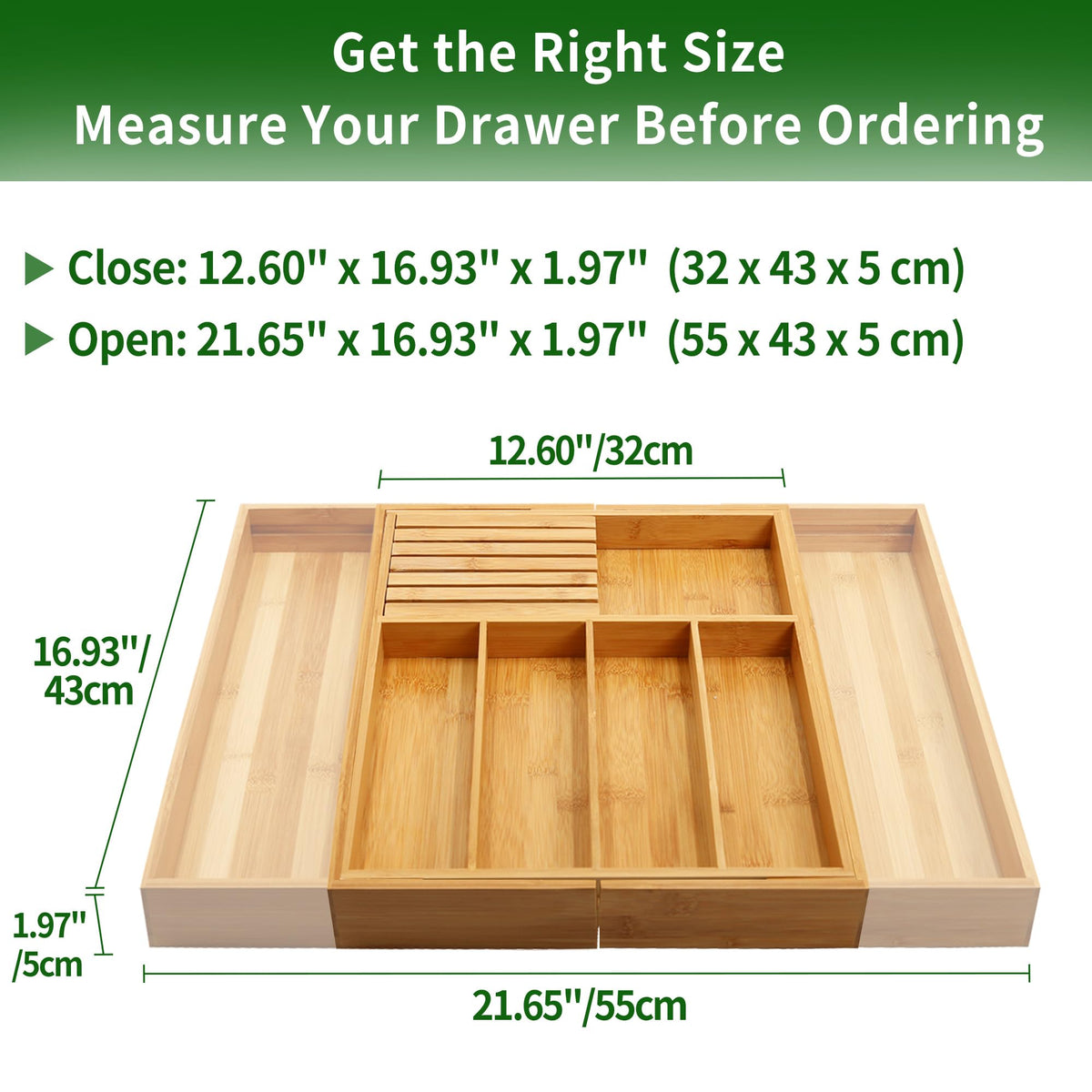 VaeFae Bamboo Silverware Drawer Organizer Kitchen, Expandable Utensil Organizer with Knife Block, Cutlery Tray with Divider, Multifunctional Drawer Organizer