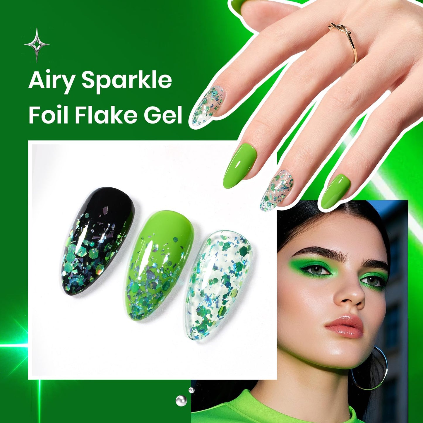 Beetles Neon Green Gel Nail Polish Set, Halloween Black Glitter Silver Brat Tribe Gel Polish with Rhinestones for DIY Nail Art Festival Manicure Gift for Women
