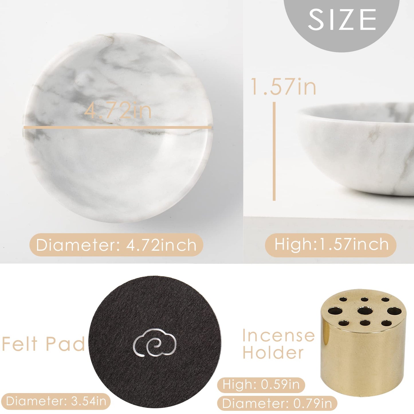 Fasolahome 4 in 1 Incense Burner, Marble Palo Santo Holder, Smudge Bowl for White Sage, Sage Holder Incense Cone Holder 4.7 inches Ash Catcher Tray for Meditation
