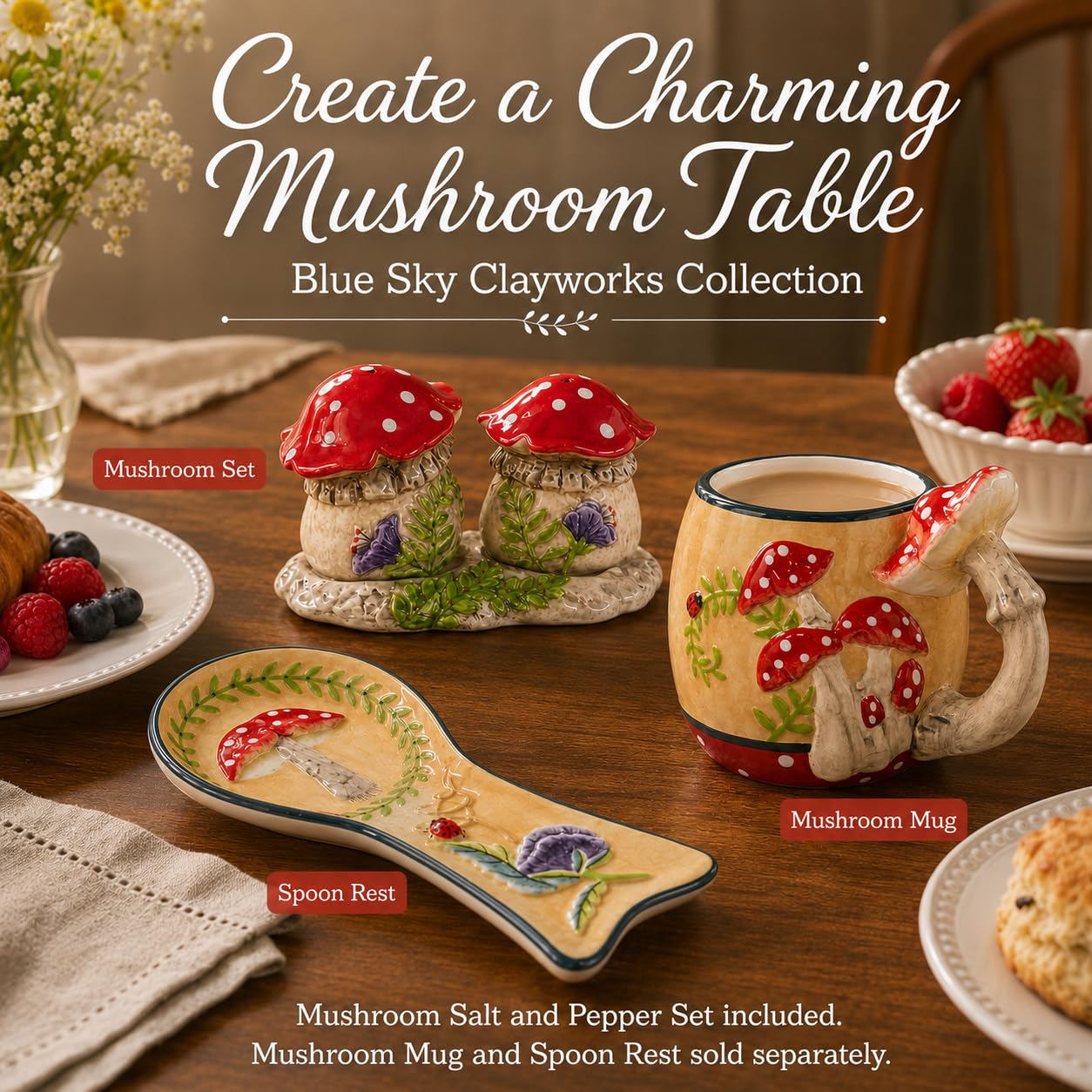 Blue Sky Clayworks Flourishing Mushroom Salt and Pepper Set with Delecate Violet Floral Accents