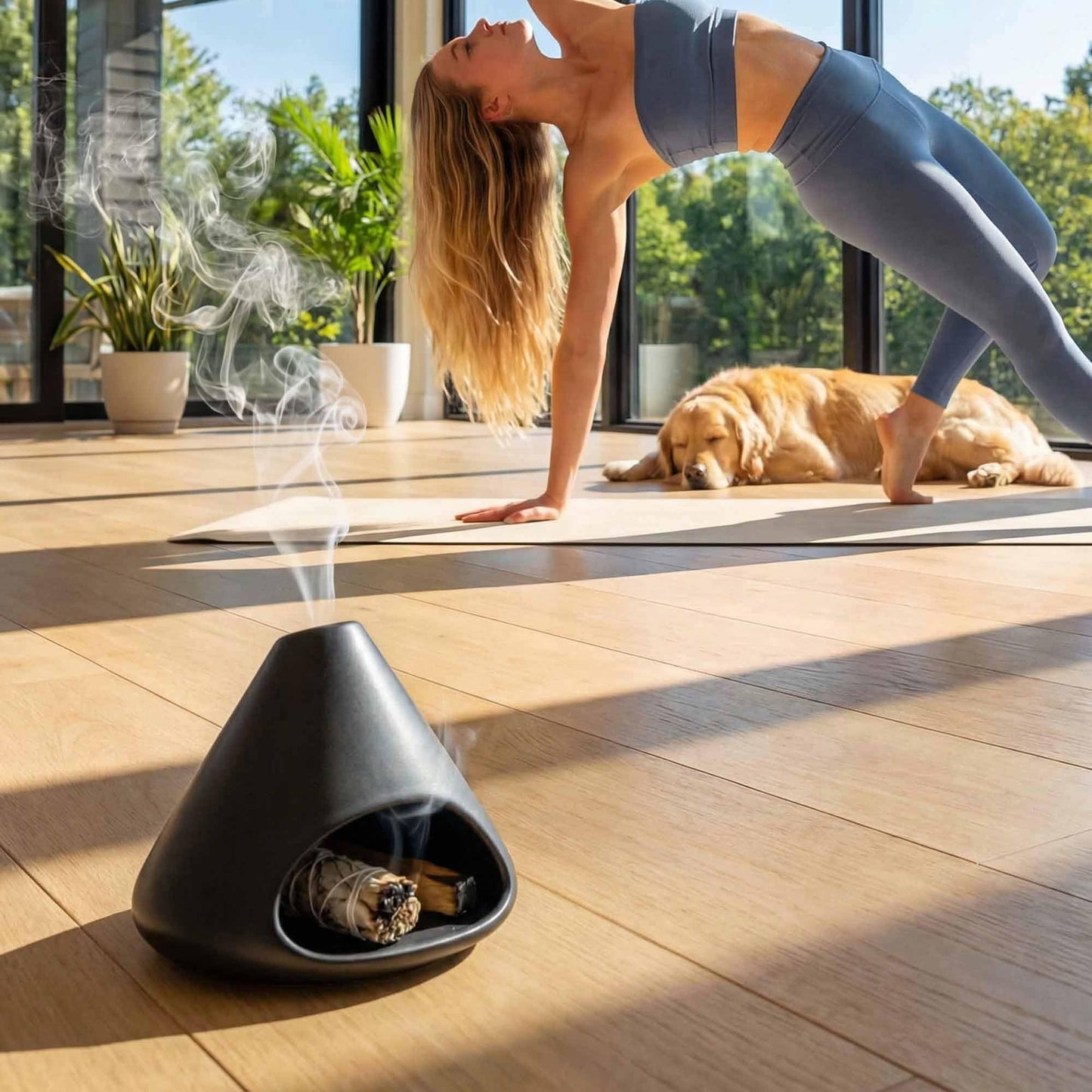 Ceramic Palo Santo Holder Incense Burner, Black Cone Mini Fireplace for Sage Sticks Burner with Chimney Handmade for Cedar,Yoga, Anxiety Relief Meditation for Women