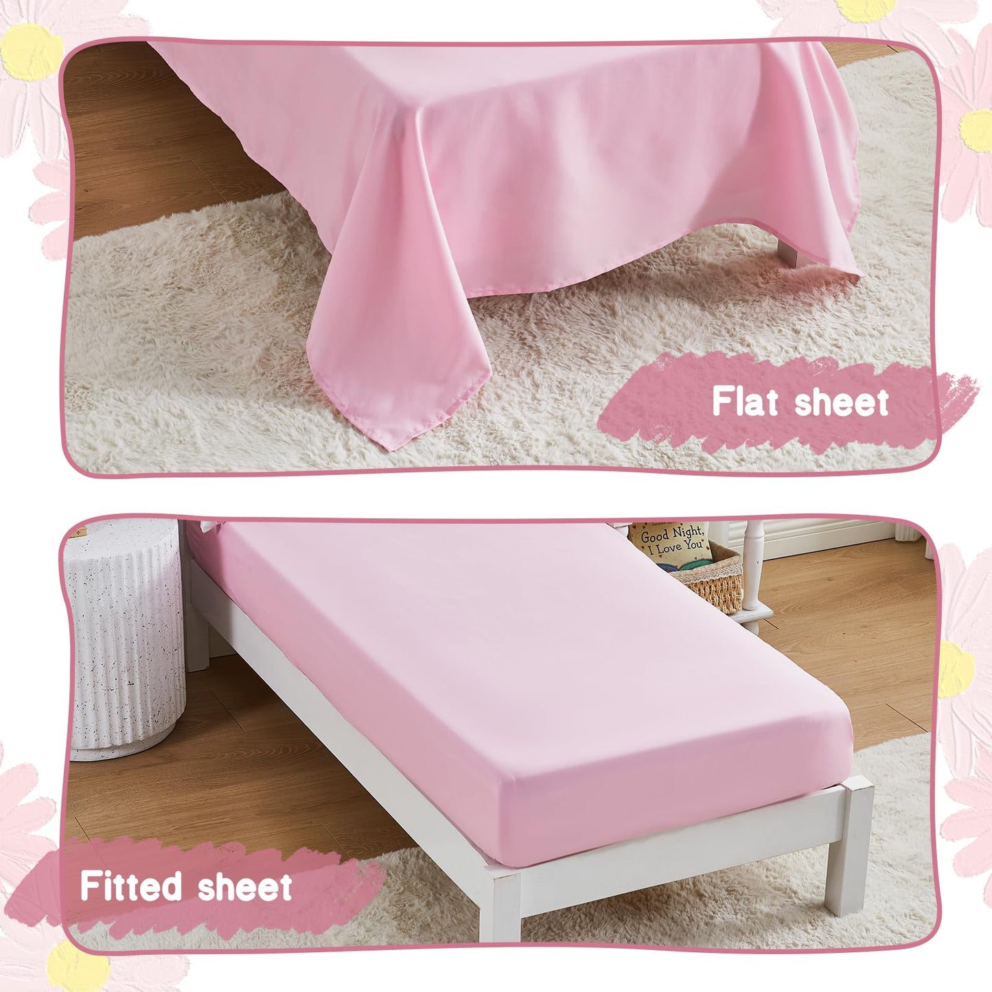 CotComf Toddler Bedding Set for Girls 4-Piece Pink Boho Tufted Daisy Flowers Toddler Comforter Set Bed-in-a-Bag Toddler Sheets Bedroom Set with Toddler Comforter, Flat Sheet, Fitted Sheet, Pillowcase