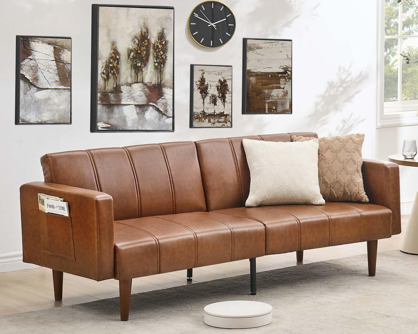 GarveeHome 75 in Futon Sofa Bed Mid-Century Futon Couch, PU Leathe Convertible Sleeper Couch with Adjustable Backrest, Loveseat and Side Pockets for Living Room & Bedroom (Brown)