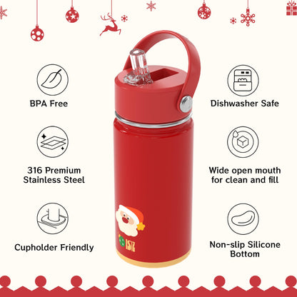 OISIZ Christmas Water Bottle for Kids,14oz Insulated Cup with Straw Lid,316 Stainless Steel Bottles for School,Insulated Tumbler for Holiday Gifts for Kids,Keep Cold for 24 Hours