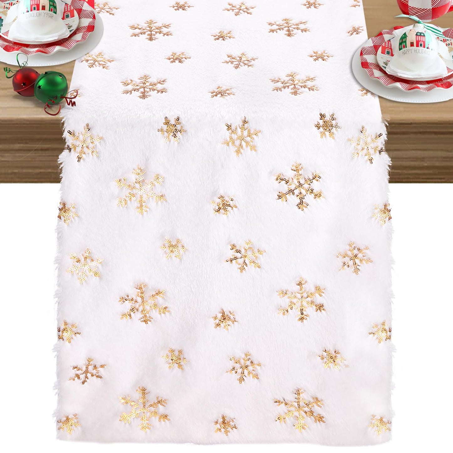 Faux Fur Christmas Table Runners 72 inches Long, Gold Sequin Snowflake Table Runner Xmas Table Runner for White Super Soft Thick Luxury Christmas Table Decoration, 13x72 inch