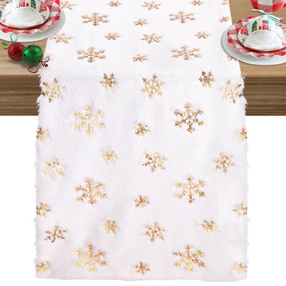 Faux Fur Christmas Table Runners 72 inches Long, Gold Sequin Snowflake Table Runner Xmas Table Runner for White Super Soft Thick Luxury Christmas Table Decoration, 13x72 inch