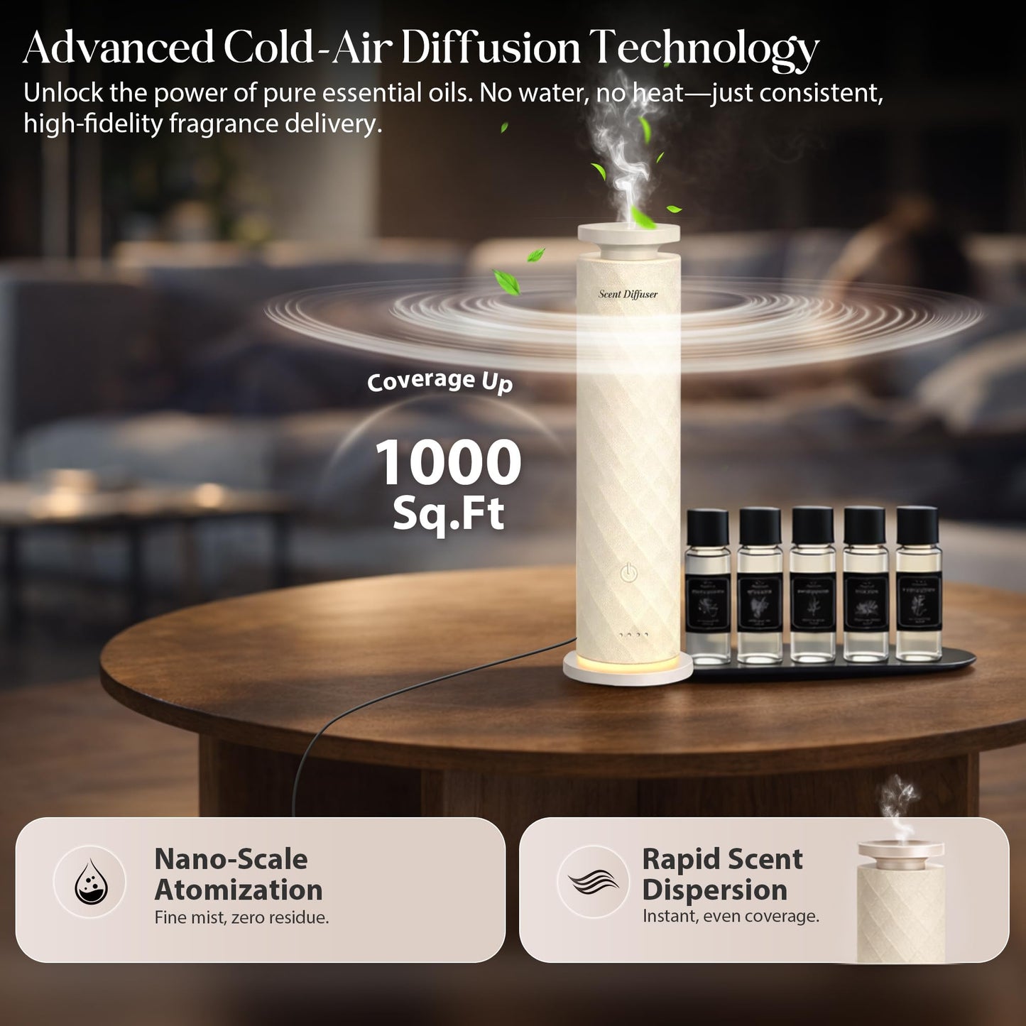 Waterless Scent Diffuser Starter Kit with 5 Oils, Hotel Cold Air Diffuser Oil Machine for Home, 1000 Sq Ft Coverage Boho Diffuser, Quiet Nebulizing Aromatherapy with Remote, Tower Fabric Design, Cream