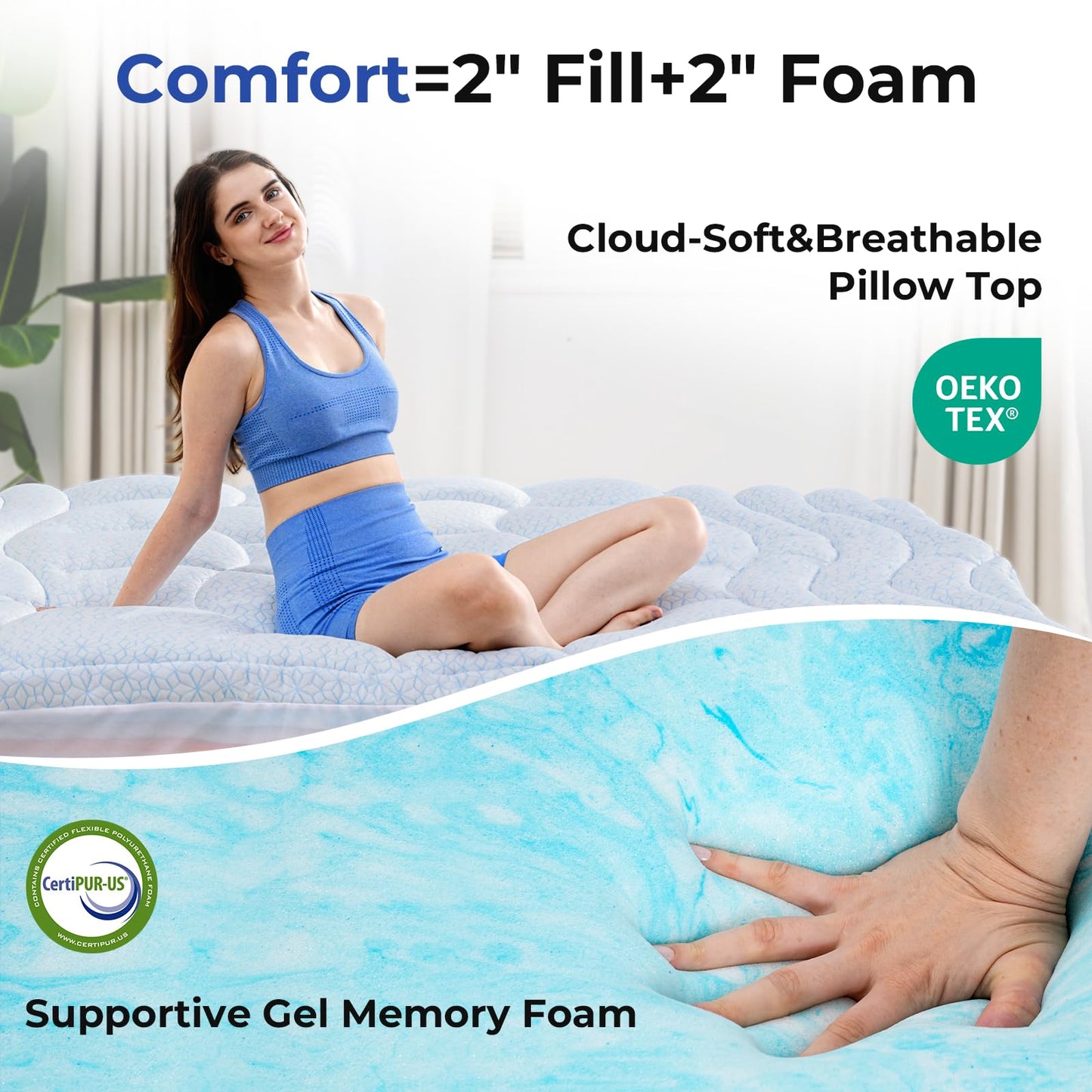 HOMRELEXA Dual Layer 4 Inch Cooling Memory Foam Mattress Topper Full Size, 2 Inch Thick Soft Quilted Ice Silk Pillow Top Cover Plus 2 Inch Gel Memory Foam Mattress Pad for Back Pain Relief