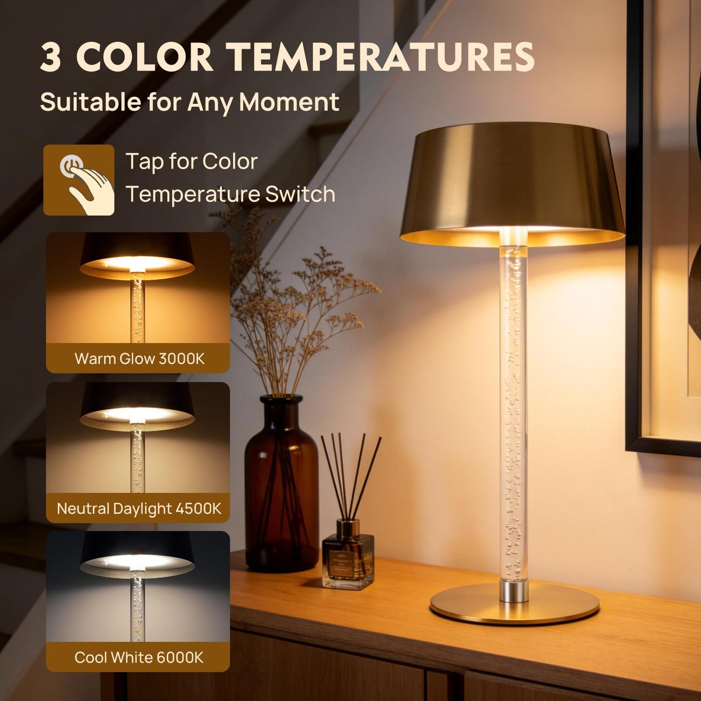 SisiHokai Waterproof Shower Rechargeable Lamp Cordless, LED Touch Battery Operated Table Lamp, Dimmable, Modern Home Decor, Outdoor, Patio, Bathroom, Bedroom, Bedside, Kitchen, Gold