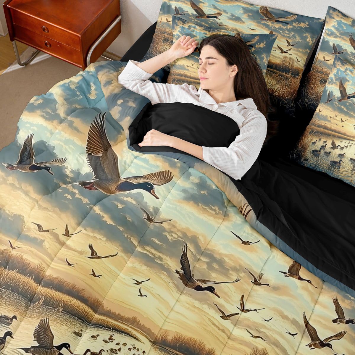 Erosebridal Sunrise 7 Piece Bedding Set Queen Wild Ducks Comforter Set with Sheets Reeds River Flying Mallards Clouds Bed in a Bag Trees Animals Print Landscape for Teens Men Women