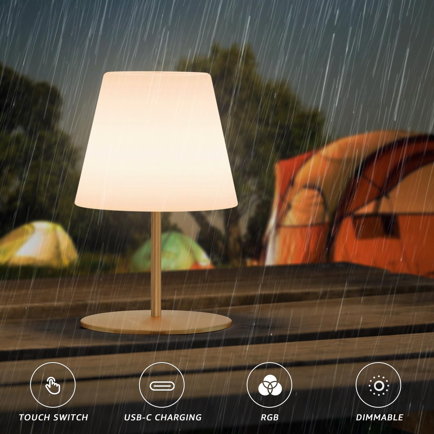 uuffoo 2 Pcs Mini Shower Lamp Rechargeable Table Lamp, Cordless Desk Lamps Bathroom Lamp Touch Warm White and RGB IP44 USB-C Cable, Easily Portable for Bedroom Bathroom Balcony Patio (Gold)