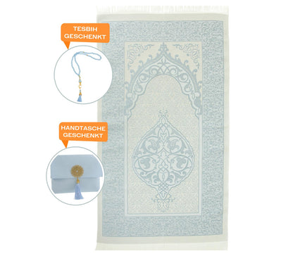 Prien Muslim Prayer Rug with Tasbih and Portable Bag, Muslim Gift for Women Men, Mubarak Islamic Box, Soft Mat Islam Gifts Set, Turkish Sajadah for Ramadan, Eid, Hajj, Travel, Pray (Blue)