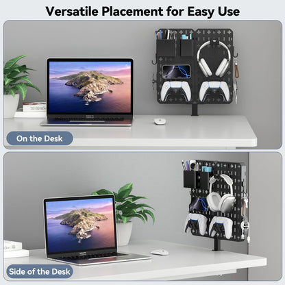 KDD 7 in 1 Clamp-on Desk Pegboard - No Drill Desk Side Storage with Phone Stand/Pen Holder/Storage Box/Headset & Controller Holder/Hooks, Detachable Gaming Pegboard for Office & Home Desktop Organizer