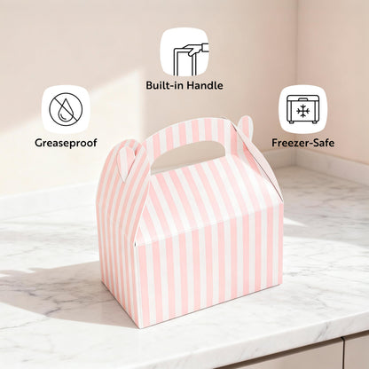 Bio Tek 6 x 3.5 x 3.5 Inch Gable Boxes For Party Favors, 25 Attractive Gift Boxes - Striped Design, With Built-In Handle, Pink And White Paper Barn Boxes, Disposable, For Parties