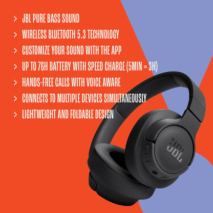 JBL Tune 720 BT Wireless Over-Ear Headphones with JBL Pure Bass Sound, Bluetooth 5.3, Hands-Free Calls, Audio Cable and 76-Hour Battery Life, Black
