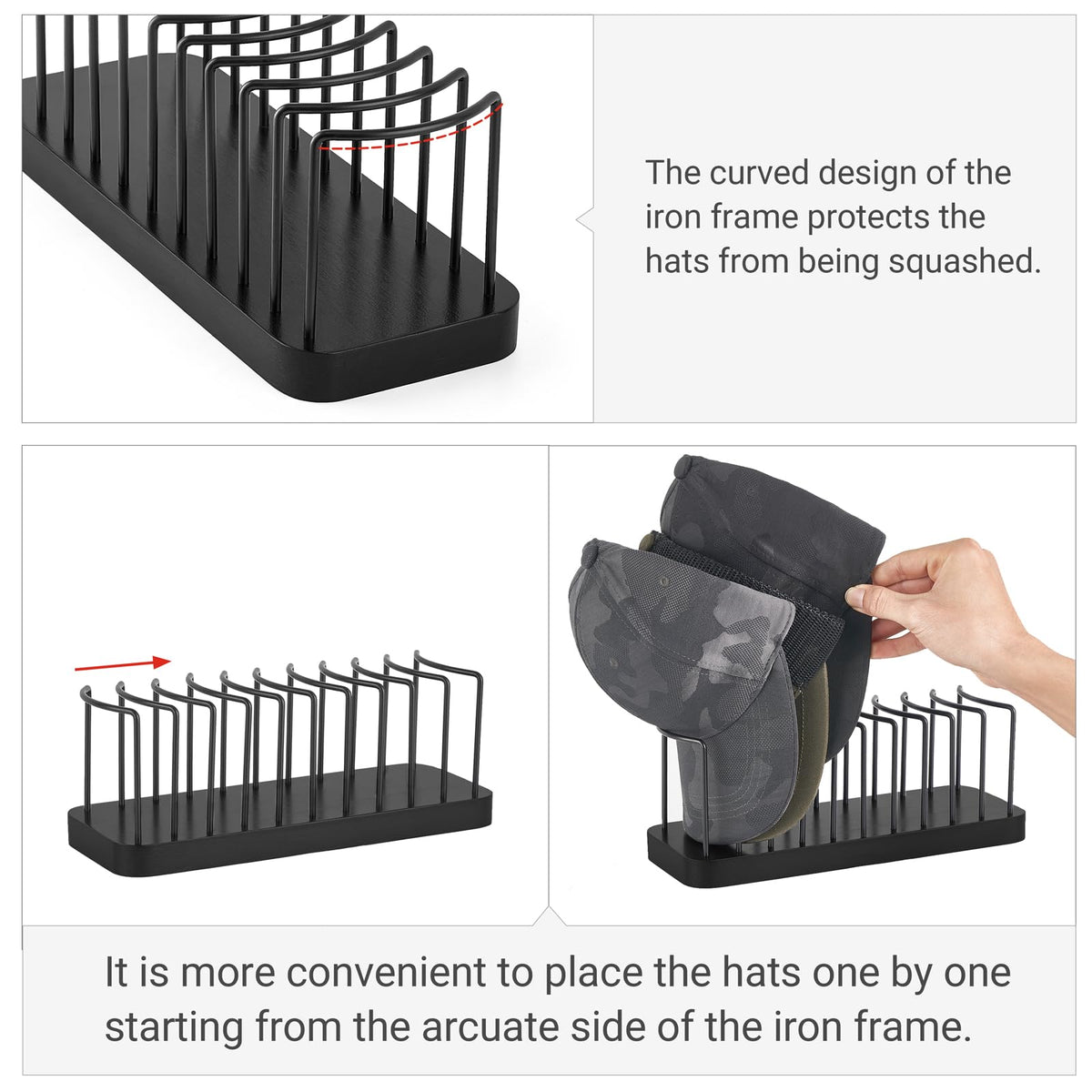 Mkono Hat Organizer for Baseball Caps, Hat Holder for 10 Baseball Caps, Tabletop Hat Rack Stand Hat Storage Display Cap Organizer for Desk Closet Shelf Dresser (Black, Small)