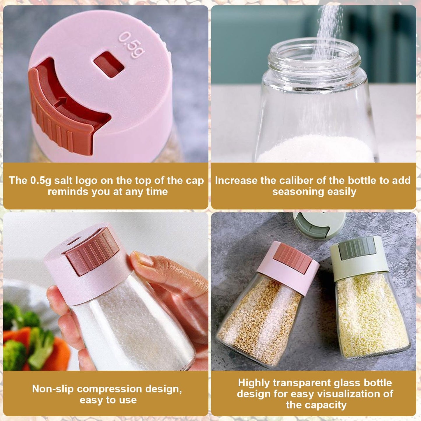 4Pcs Glass Spice Jars for Kitchen, 180ML/6.09oz Airtight Clear Glass Spice Seasoning Bottle Containers with Pressure Dosage Glass Metering Spice Salt Pepper Cumin Powder Sugar Dispenser