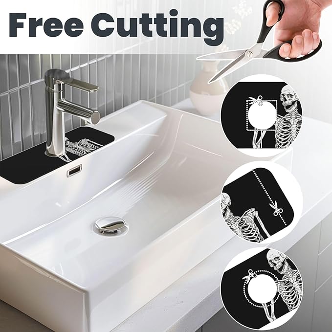 Black Funny Skull Human Skeleton Halloween Kitchen Sink Splash Guard Faucet Mat