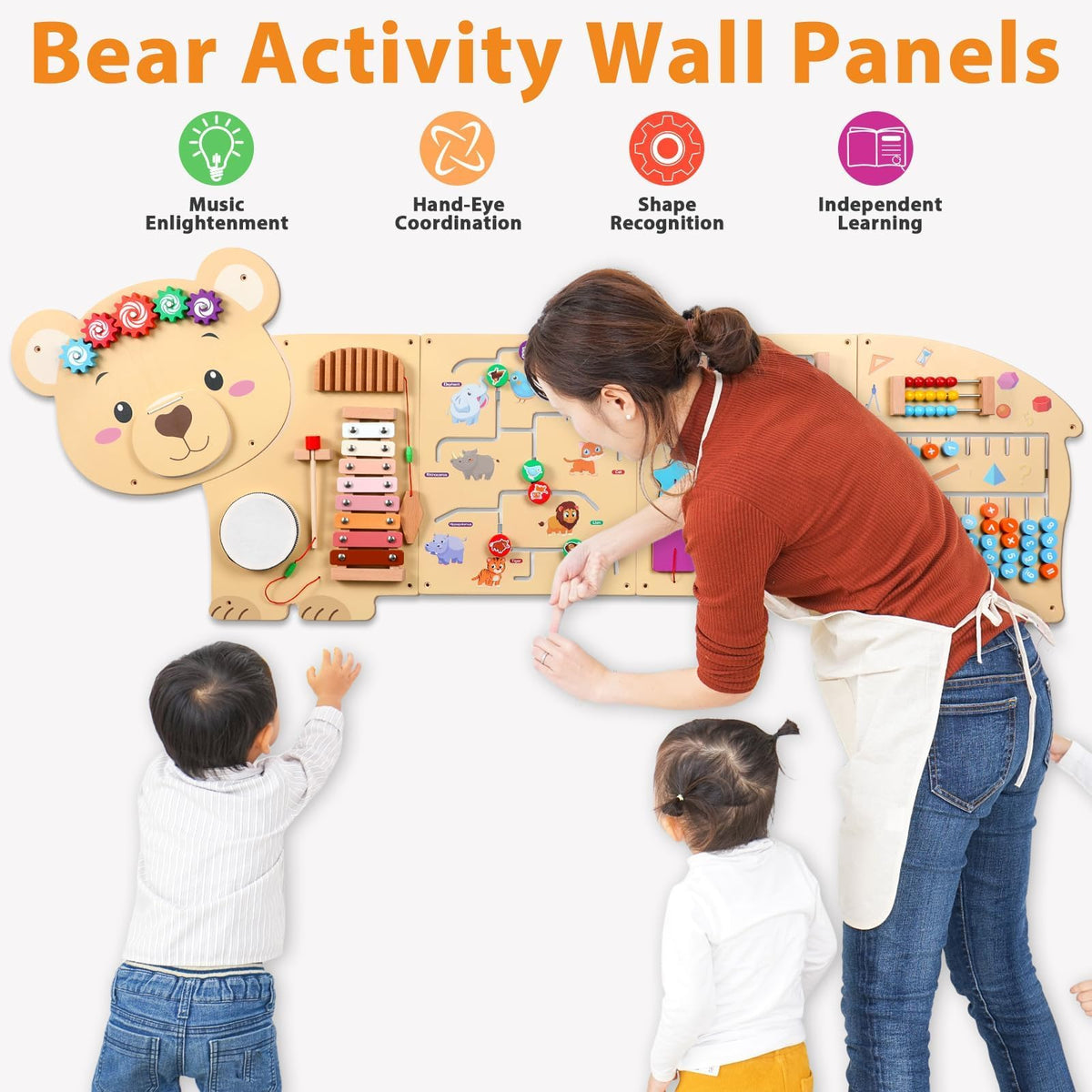 5FT Large Bear Activity Wall Busy Board Wooden Sensory Wall Panel Educational Montessori Toys for Toddler Kids Interactive Sensory Activity Board Learning Center Playroom Daycare Nursery Decor
