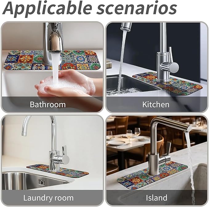 Kitchen Sink Splash Guard，Colorful Mexican tile Faucet Mat Sink Gadgets-Super